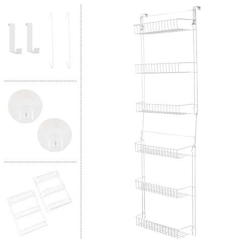 over the Door Organizer - 6-Tier Adjustable Pantry Shelves and Rack for Kitchen Organization, White