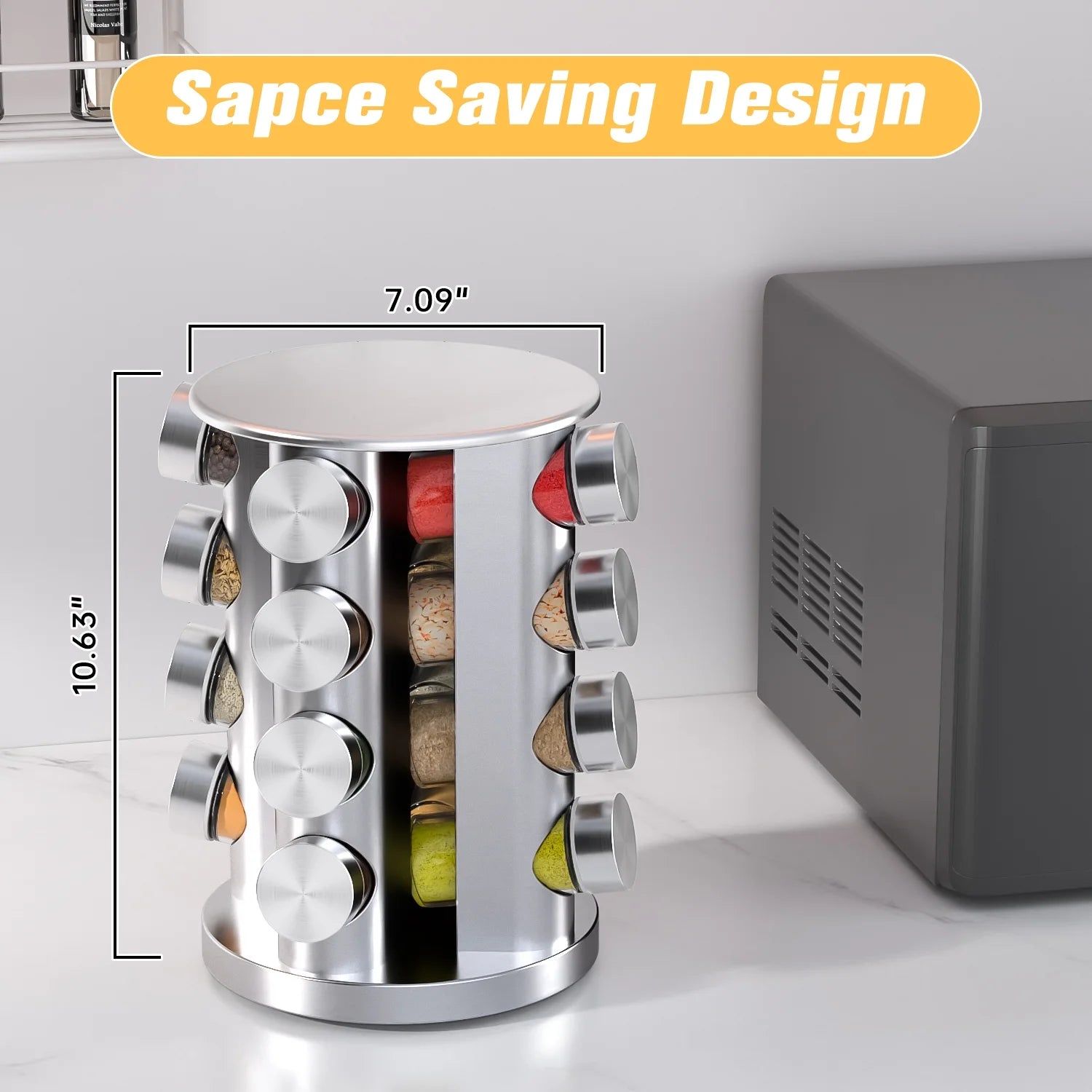 Rotating Spice Rack with 16 Seasoning Jars, Revolving Spice Organizer Stainless Steel for Countertop/Kitchen Storage, with Reusable Labels, Funnel and Pen Set