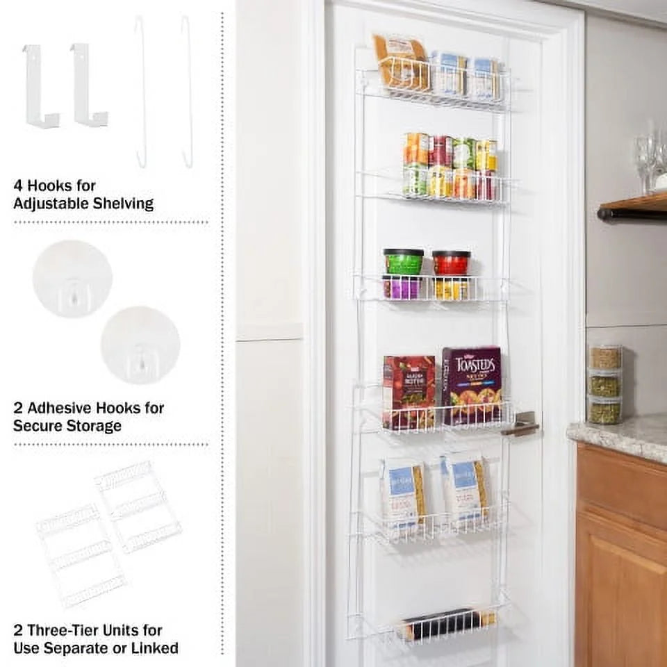 over the Door Organizer - 6-Tier Adjustable Pantry Shelves and Rack for Kitchen Organization, White